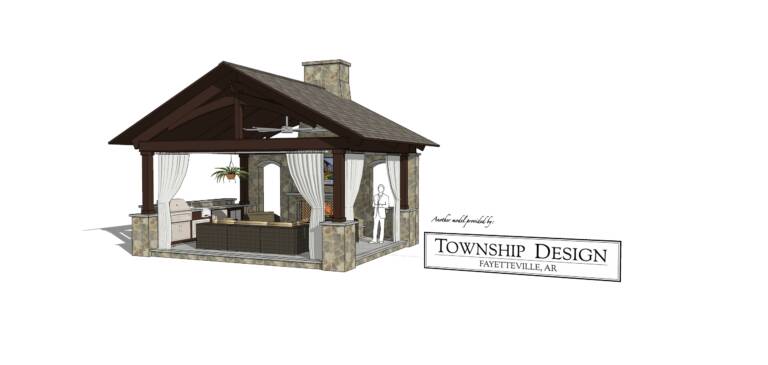 Rogers backyard pavilion design 3D model with a stone fireplace, timber roof, drapes, and an outdoor kitchen