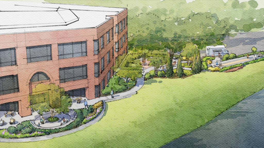Jacksonville corporate landscape design rendering with a shaded deck, pond-side patio, horseshoe court, and paver walks