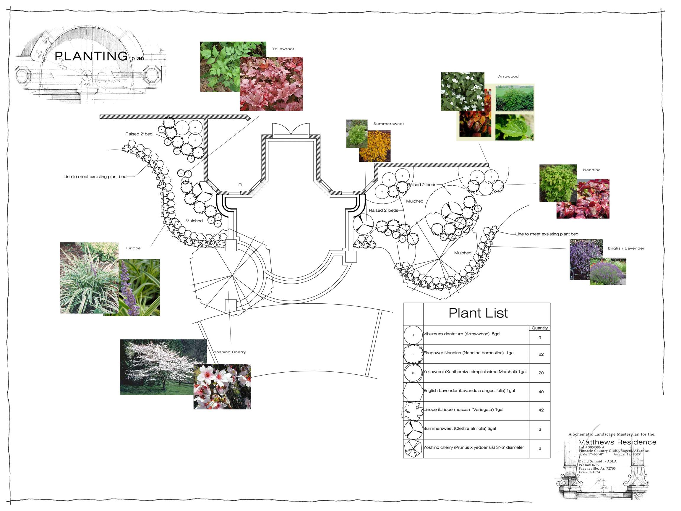 An early landscape design by Township Design showing a porch, hardscape, and plantings with images. 