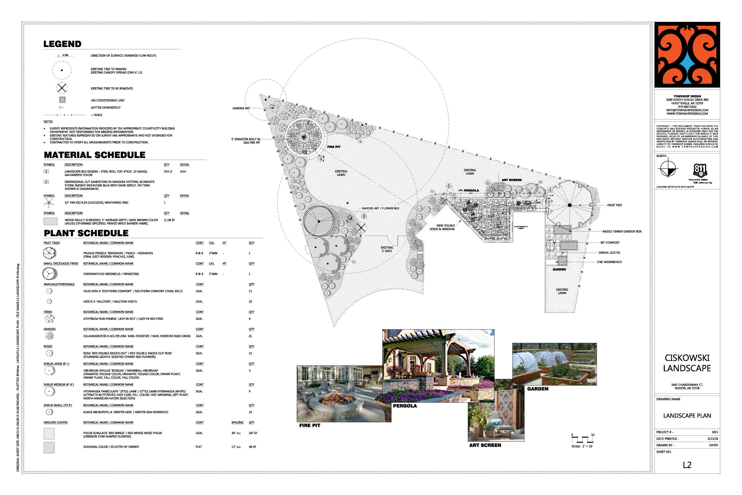 Landscape design showing plantings, pergolas, and other various hardscape features. 