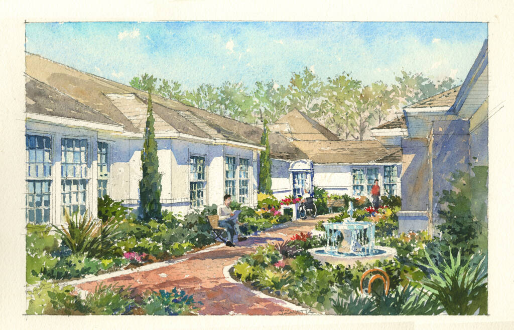 Watercolor painting of a courtyard with a fountain and lush plantings.