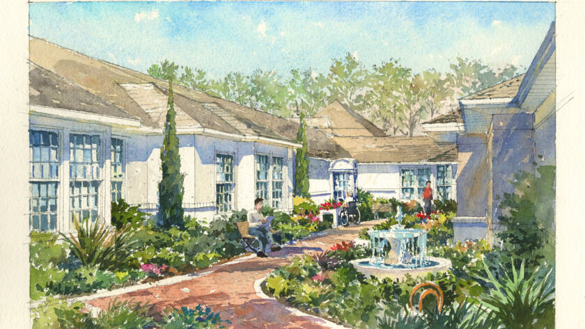 Watercolor painting of a courtyard with a fountain and lush plantings.