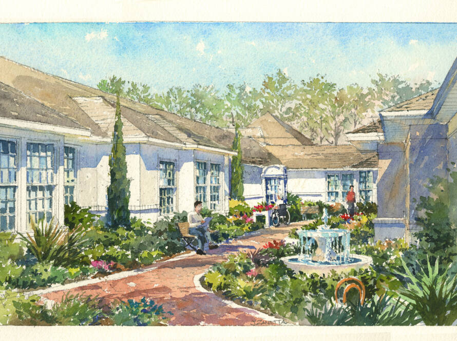 Watercolor painting of a courtyard with a fountain and lush plantings.