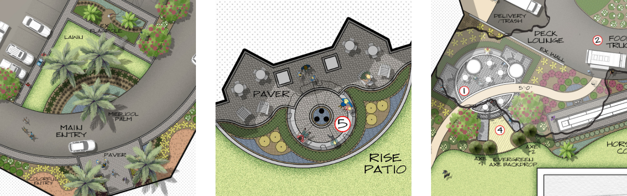 Landscape design rendering for RISE corporate headquarters in Jacksonville, Florida.