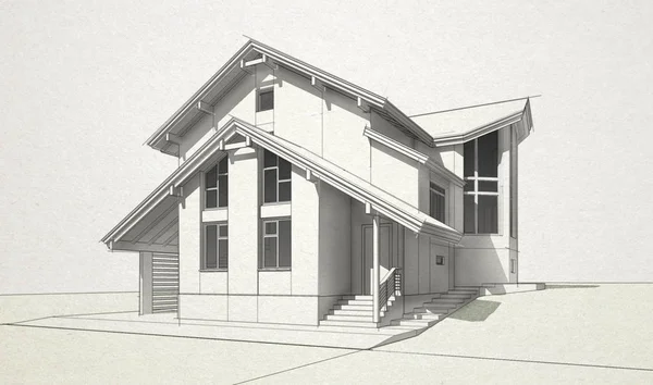 Black and white image of a digital 3D building created in SketchUp.