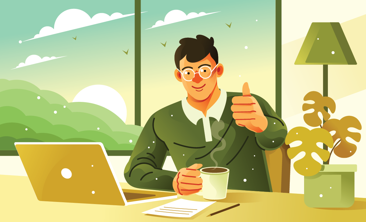 Man at a desk giving thumbs up in landscape design business.