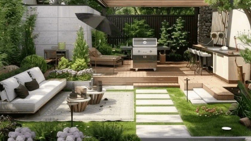 A residential landscape design plan showing outdoor living spaces and pathways