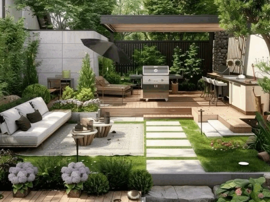 A residential landscape design plan showing outdoor living spaces and pathways