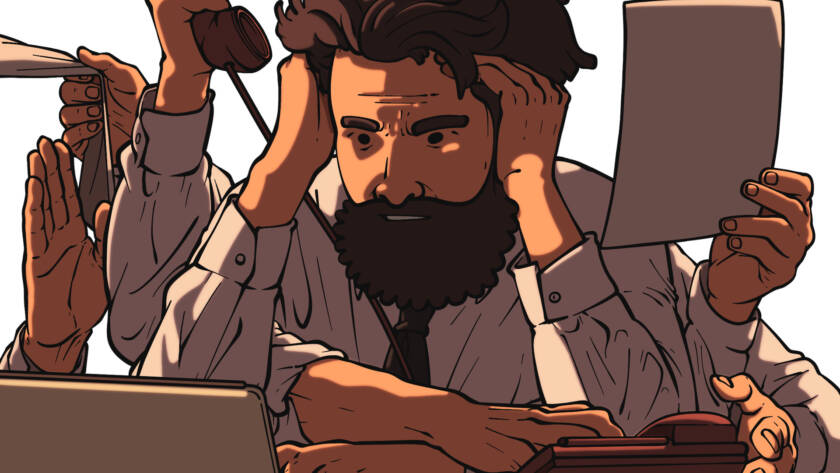 Image of a stressed out landscape architect working on permits for construction.
