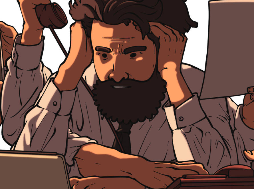 Image of a stressed out landscape architect working on permits for construction.