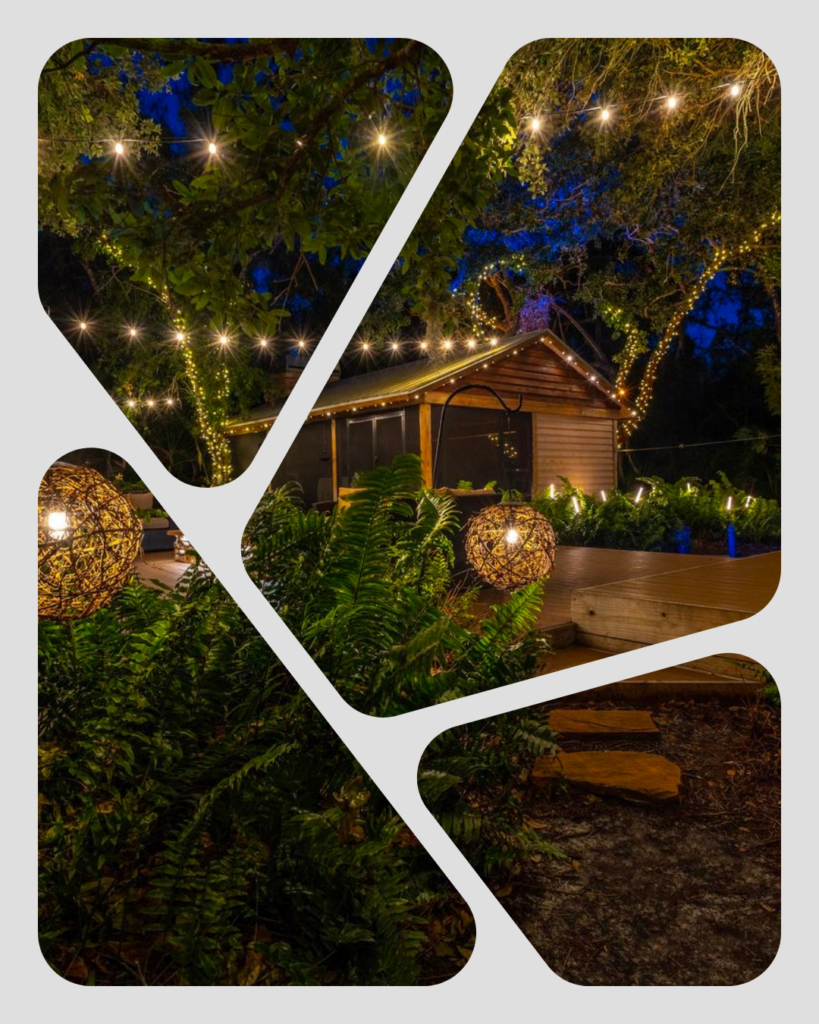 evening on a patio outdoors under dim lit trees