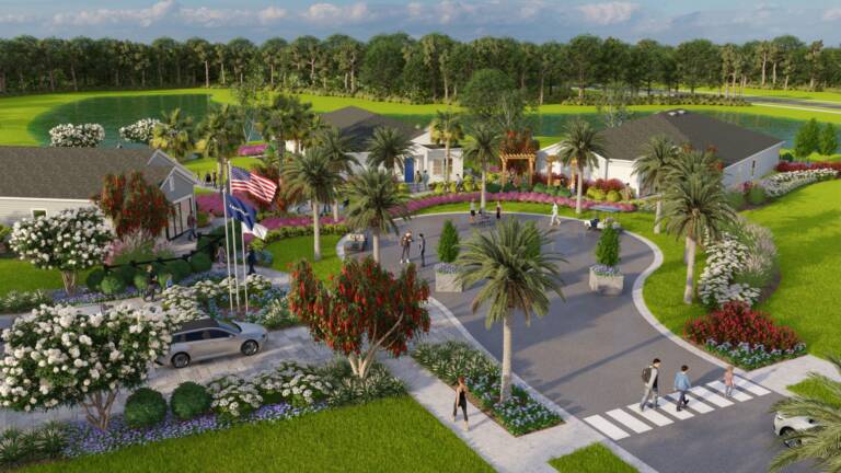 Jacksonville lakeside model park rendering with an entry court, flagpoles, palms, and flowering trees