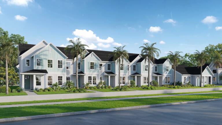 Jacksonville townhome landscape design with palms and layered planting along the street at The Cove at Southwood