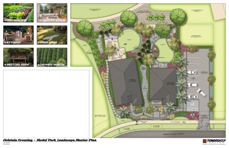Clay County model park plan with a vegetable garden, yoga lawn, and outdoor kitchen at Holstein Crossing