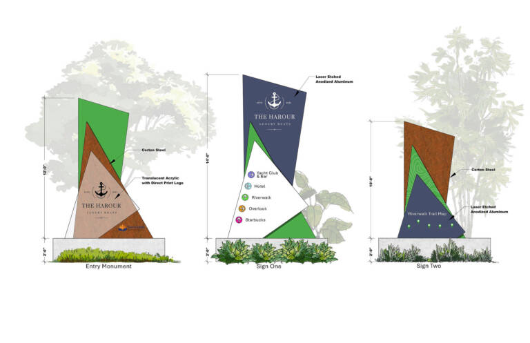 Marina entry monument design option in Corten steel and translucent acrylic, with two wayfinding signs