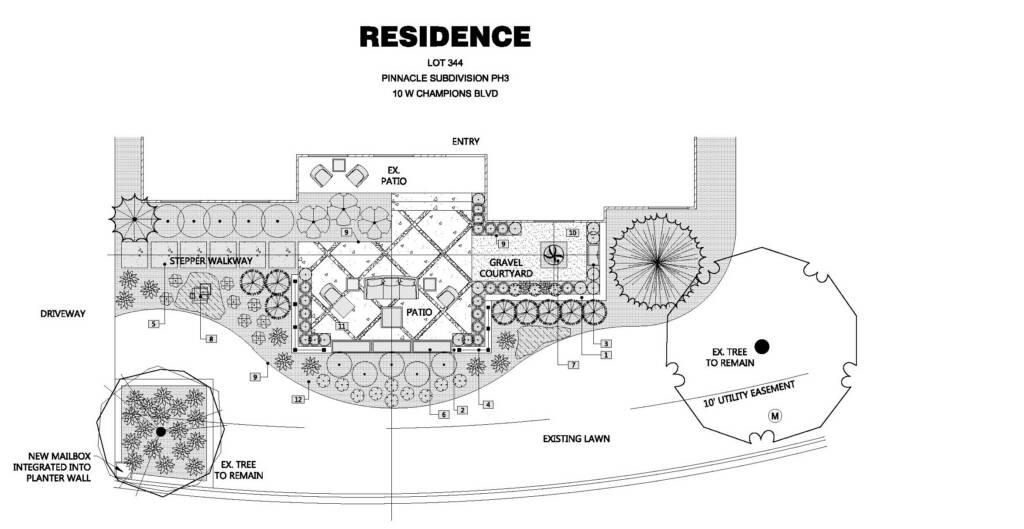 Rogers front yard landscape plan with a diagonal patio, gravel courtyard, stepper walkway, and planter wall mailbox