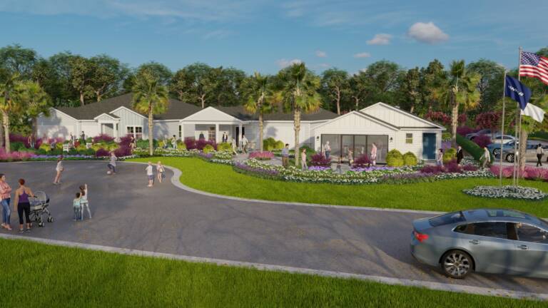 Jacksonville model park amenities with three model homes, palms, and a curving drive at Saddle Oaks