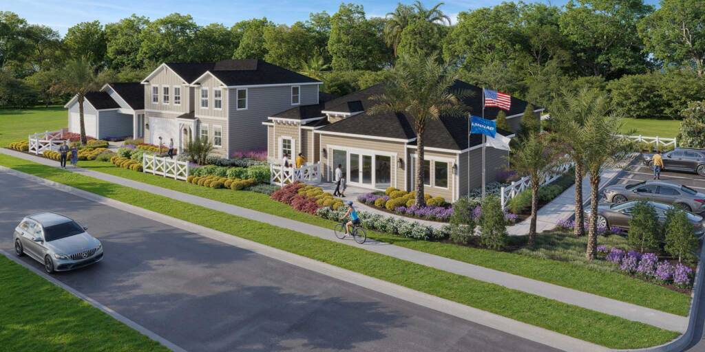 St. Johns model park front yards with a curving walk, layered planting, and the welcome showroom at Silver Falls