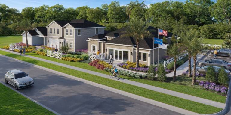 St. Johns model park front yards with a curving walk, layered planting, and the welcome showroom at Silver Falls