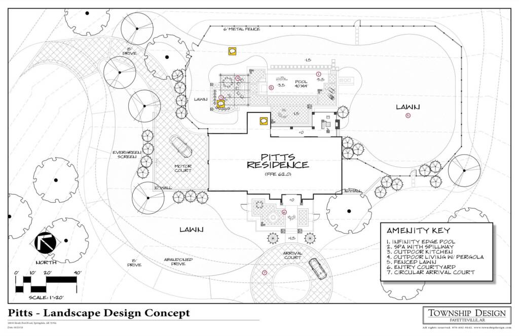 Springdale infinity pool design concept with a spa, outdoor kitchen, pergola, fenced lawn, and circular arrival court
