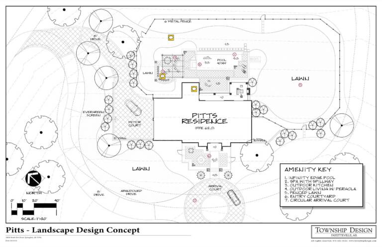 Springdale infinity pool design concept with a spa, outdoor kitchen, pergola, fenced lawn, and circular arrival court