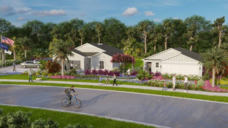 Jacksonville compact model park rendering of two model homes with flowering beds, palms, and a triple flagpole