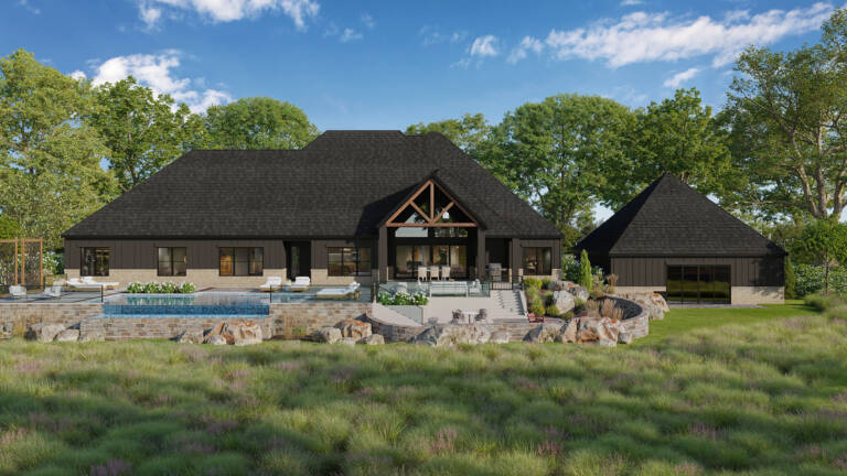 Rogers hillside landscape design rendering with a vanishing-edge pool, boulder terraces, and meadow grasses