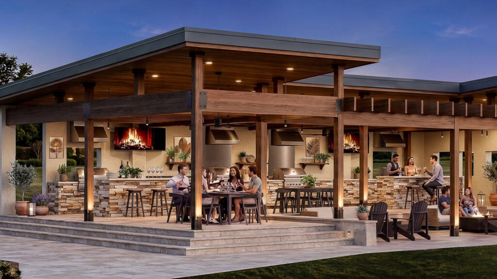 Neighborhood park design in Jacksonville with an open-air pavilion, outdoor kitchen, and fire pits at Seaton Creek Reserve