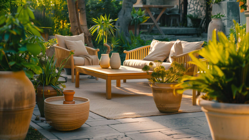 Residential backyard with outdoor living space