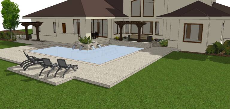 Northwest Arkansas show home pool terrace with a spilling water feature, lounge chairs, and cedar pergolas