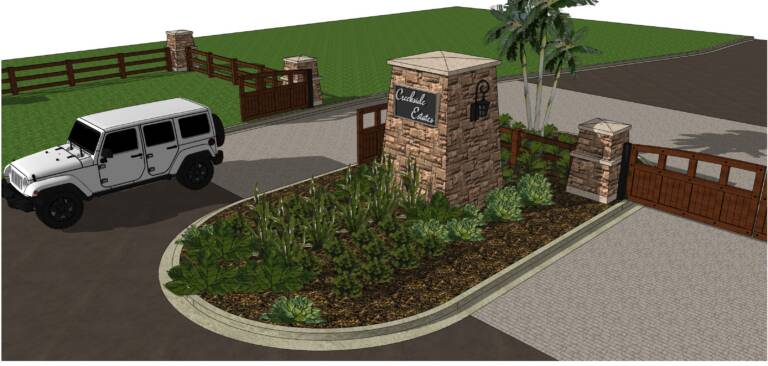 St. Johns gated entry perspective with a fieldstone monument, cedar gates, pilasters, and an island planting bed